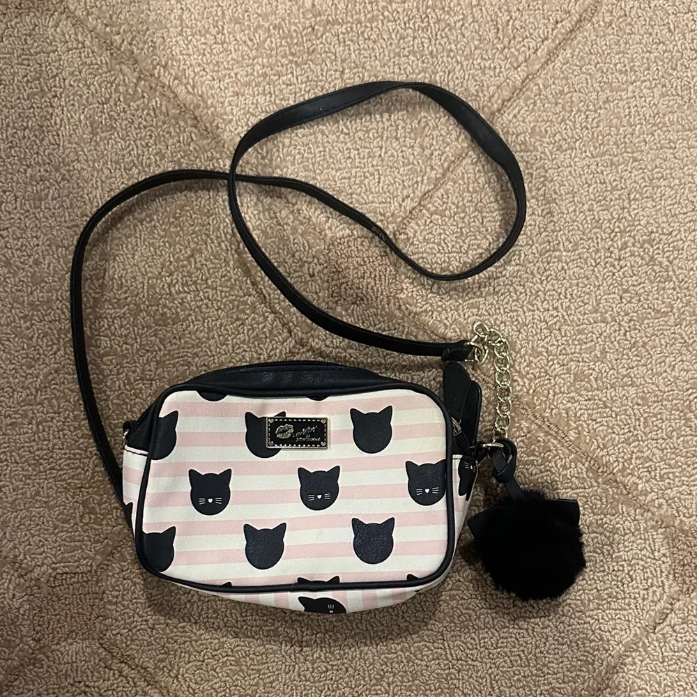 Betsey Johnson Black and Pink Cat Patterned Crossbody Bag - Picture 1 of 5